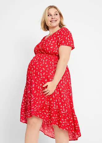 Rochie pentru gravide și alăptare 2-în-1 din viscoză fluidă, cu textură creponată, culoare: roșu-căpșună cu floricele