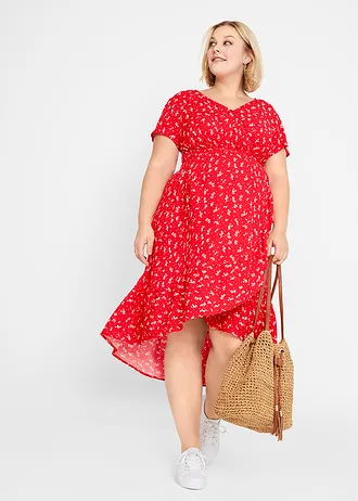 Rochie pentru gravide și alăptare 2-în-1 din viscoză fluidă, cu textură creponată, culoare: roșu-căpșună cu floricele