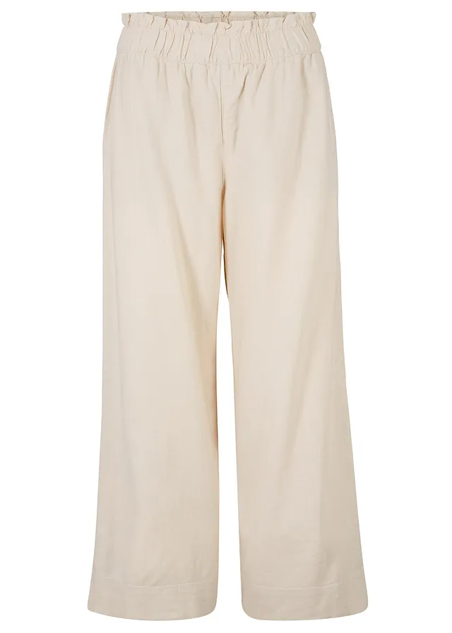 Pantaloni culotte din material subțire cu in, lungi până la gambe