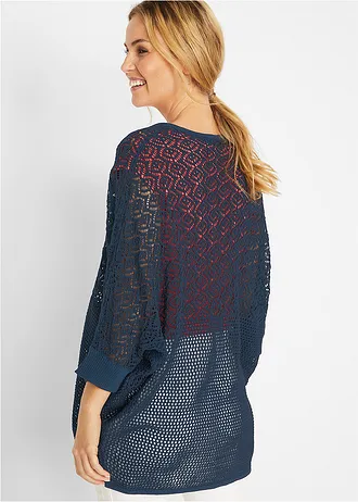 Dlouhý pletený kabátek s dírkovaným vzorem, barva: tmavě modrá