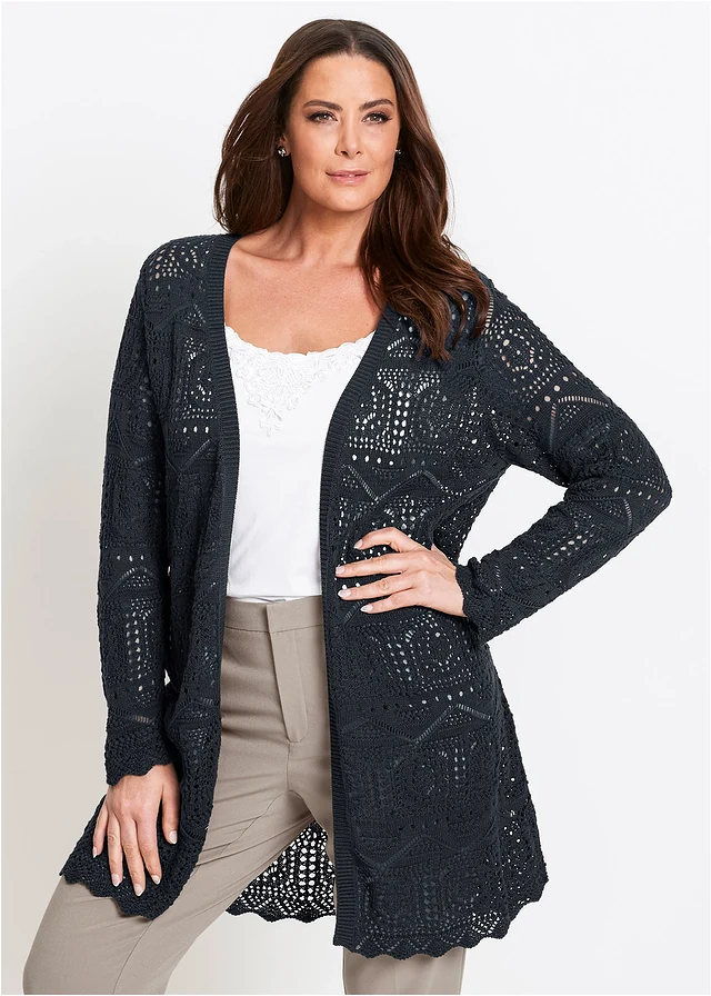 Gilet long en maille ajourée, Couleur: noir