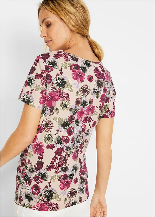 Lot de 2 T-shirts, Couleur: rouge prune uni + beige galet floral