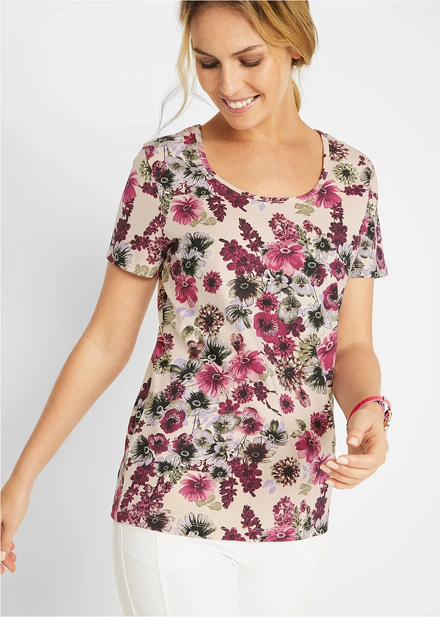 Lot de 2 T-shirts, Couleur: rouge prune uni + beige galet floral