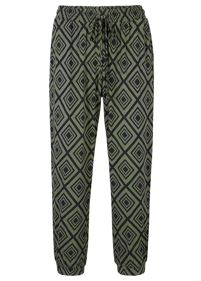 Pantalon 3/4 fluide en viscose extensible, Couleur: kaki foncé imprimé graphique