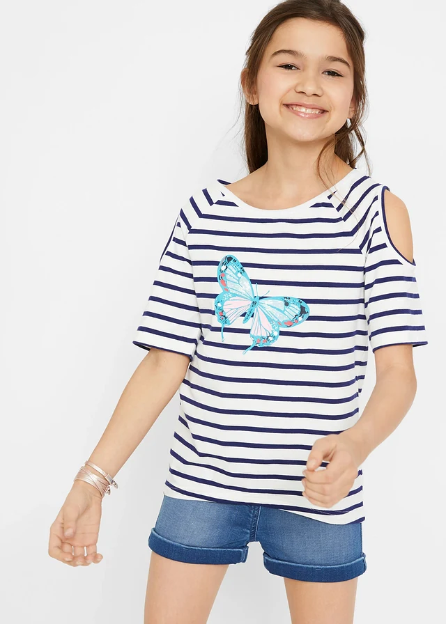 Meisjes T-shirt met cut-outs (set van 2), Kleur: blauw gestreept + zeegroen