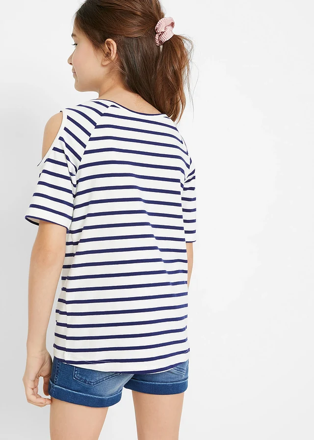 Meisjes T-shirt met cut-outs (set van 2), Kleur: blauw gestreept + zeegroen
