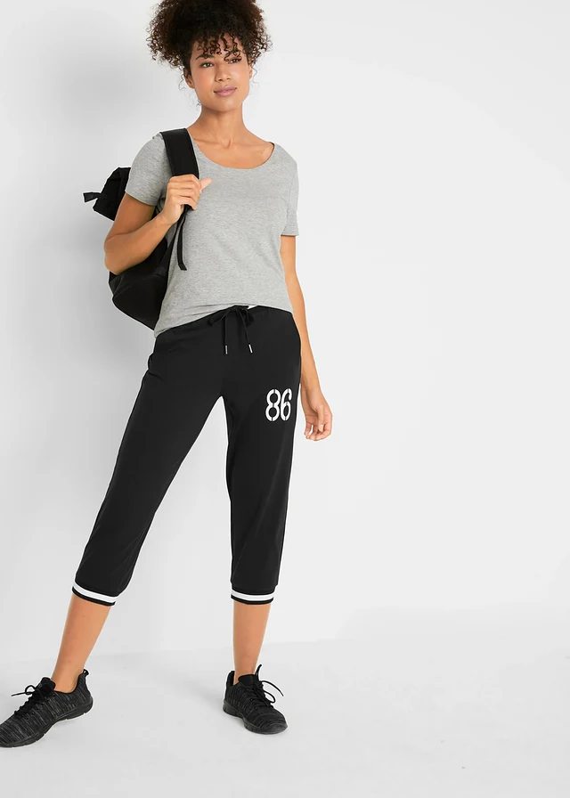 3/4 joggingbroek in een katoen-wolmix, Kleur: zwart met print