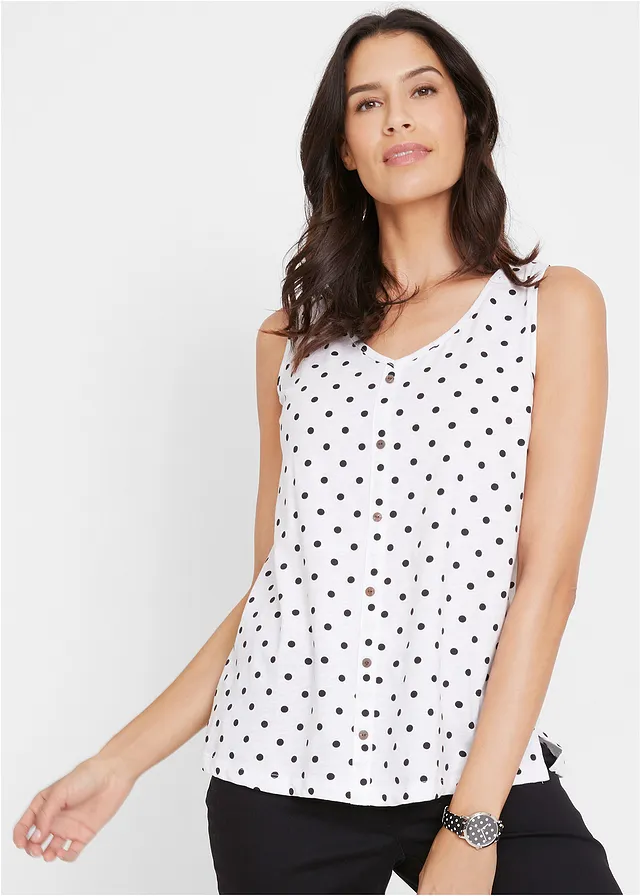 Top boutonné, Couleur: blanc pois noir