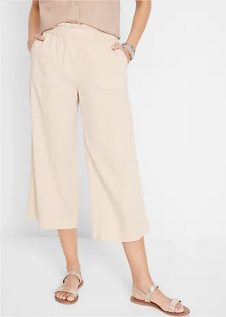 Culotte met linnen, tot op de kuit, Kleur: kiezelbeige