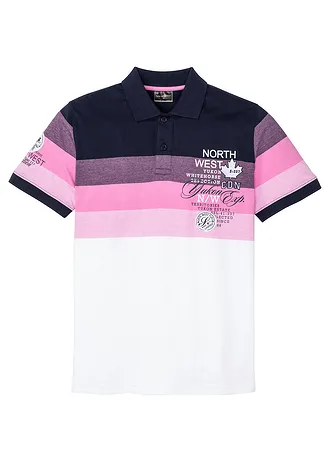 Jersey poloshirt van puur katoen, korte mouw • donkerblauw/pink • bonprix online shop