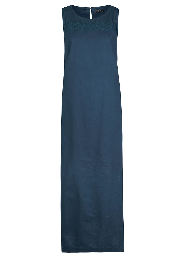 Robe longue avec lin majoritaire, motif ajouré au décolleté et fentes latérales