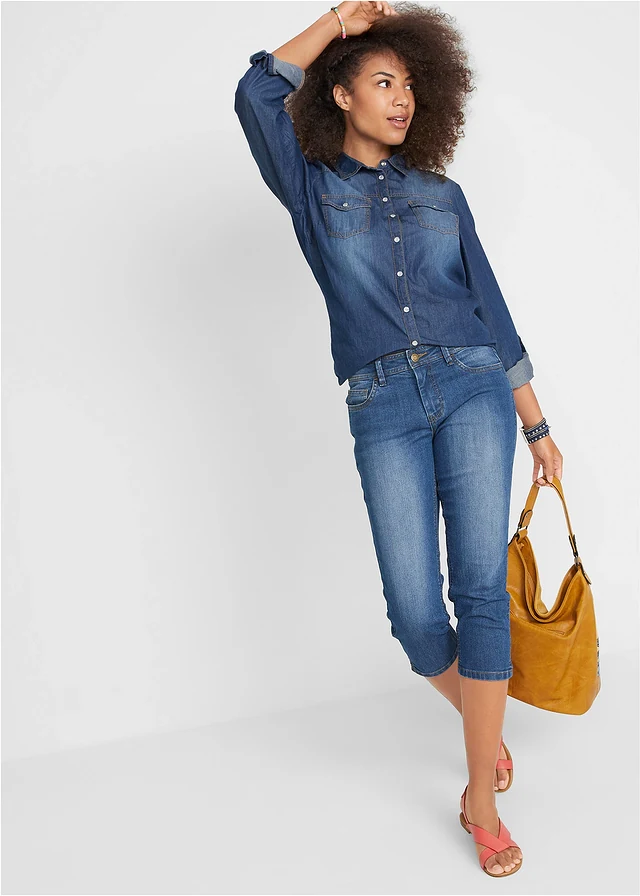 Jean slim taille mi-haute, raccourci, Couleur: bleu used