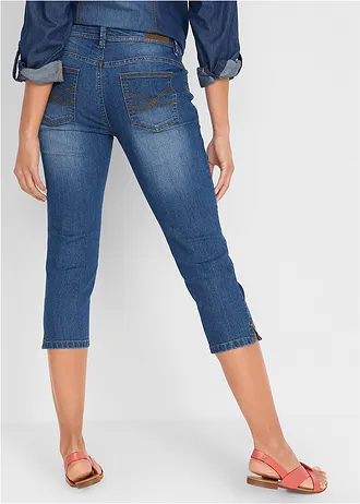 Jeansy slim fit, cropped, średni stan • niebieski "used" • sklep bonprix