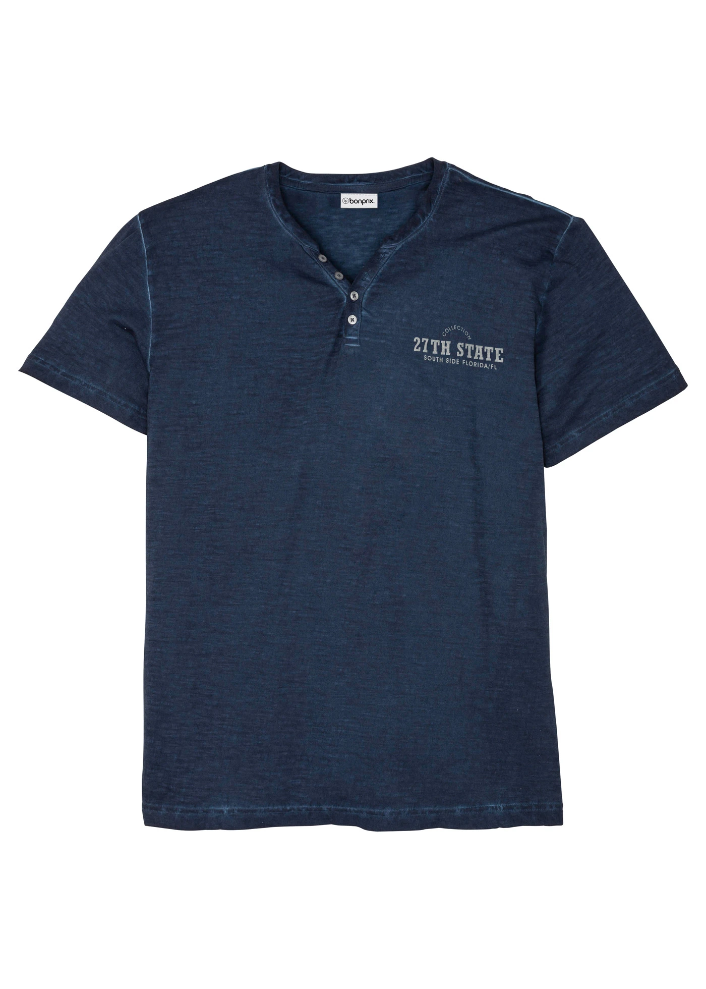 T-shirt z dekoltem henley z krótkim rękawem, z efektem sprania, z czystej bawełny organicznej • granatowy z nadrukiem • sklep bonprix