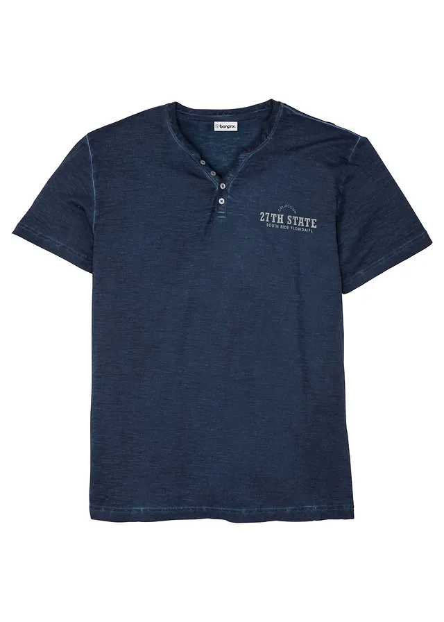Henley shirt van biologisch katoen in washed out look, korte mouw • donkerblauw met print • bonprix online shop