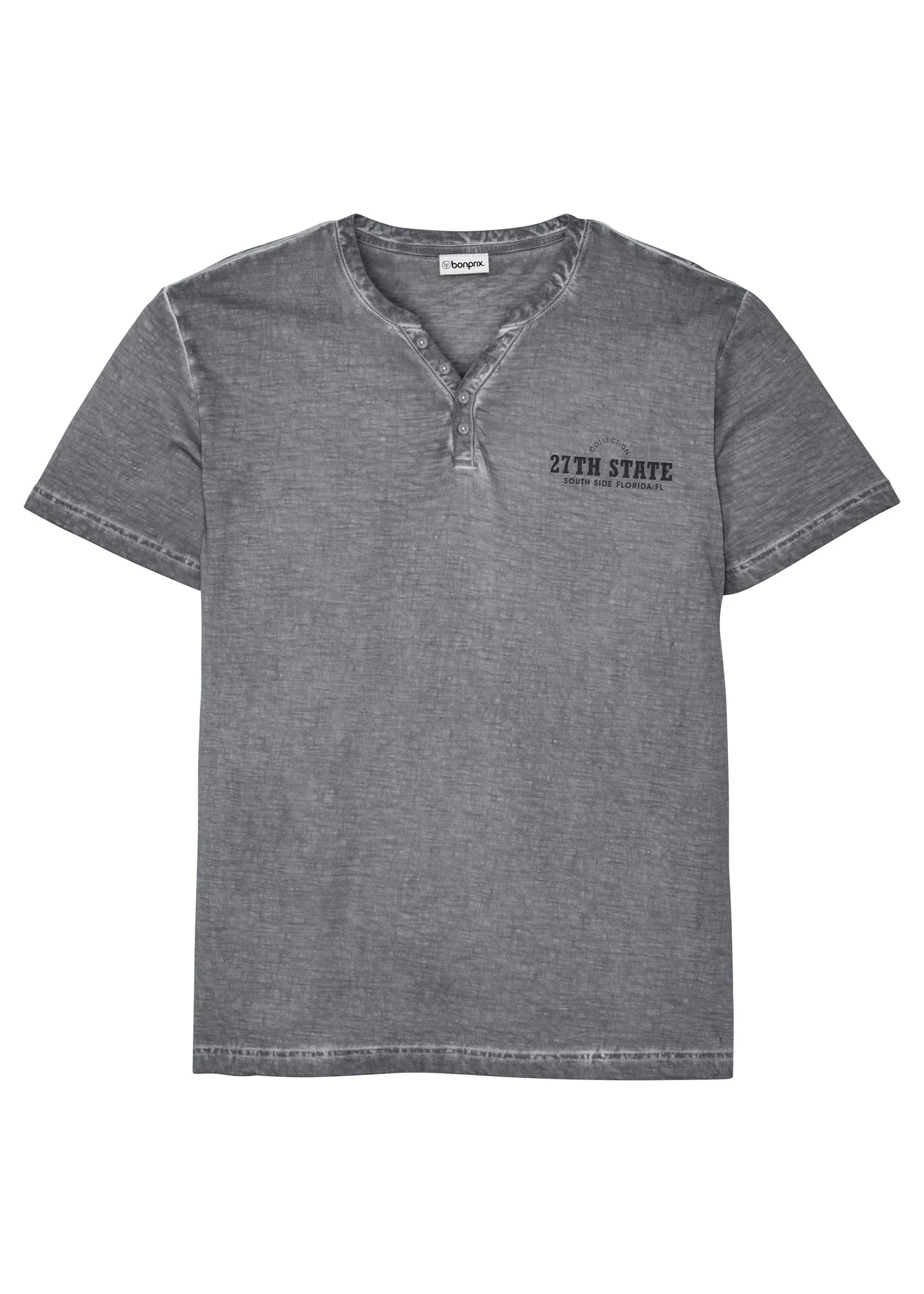 T-shirt z dekoltem henley z krótkim rękawem, z efektem sprania, z czystej bawełny organicznej • dymny szary z nadrukiem • sklep bonprix