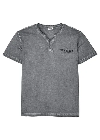 Henley shirt van biologisch katoen in washed out look, korte mouw • rookgrijs met print • bonprix online shop