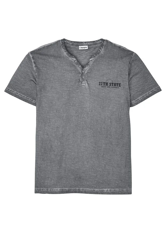 T-shirt z dekoltem henley z krótkim rękawem, z efektem sprania, z czystej bawełny organicznej • dymny szary z nadrukiem • sklep bonprix