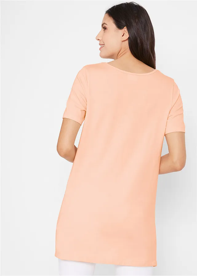 Lot de 2 T-shirts longs basiques, manches courtes, Couleur: indigo clair - pêche clair