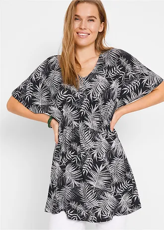 Shirt tuniek met V-hals en kimonomouwen, Kleur: zwart/wit gedessineerd