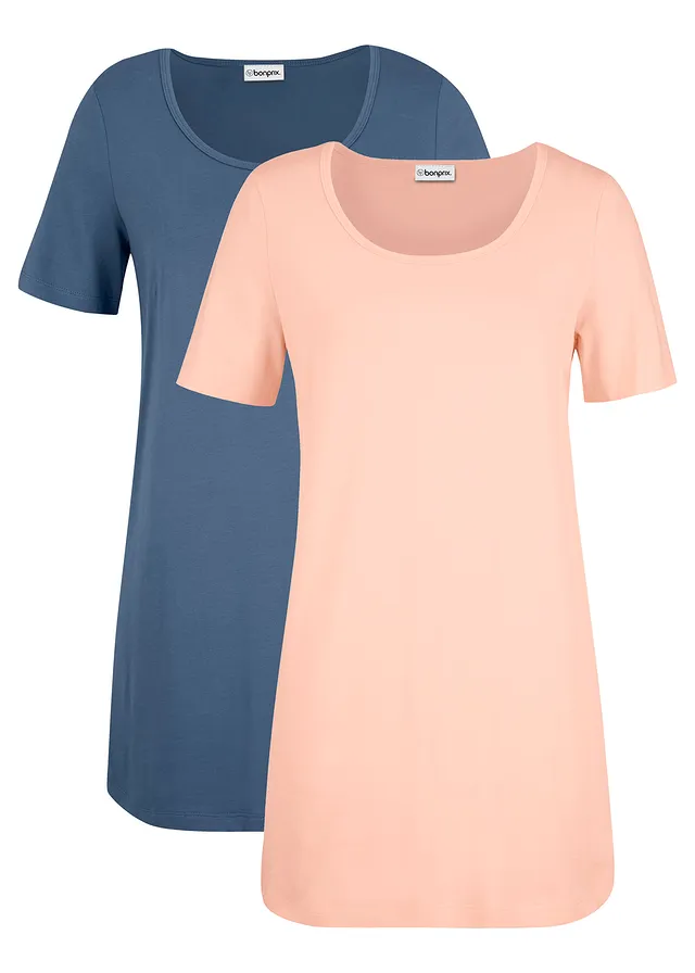 Lot de 2 T-shirts longs basiques, manches courtes, Couleur: indigo clair - pêche clair