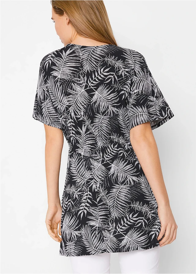Shirt tuniek met V-hals en kimonomouwen, Kleur: zwart/wit gedessineerd