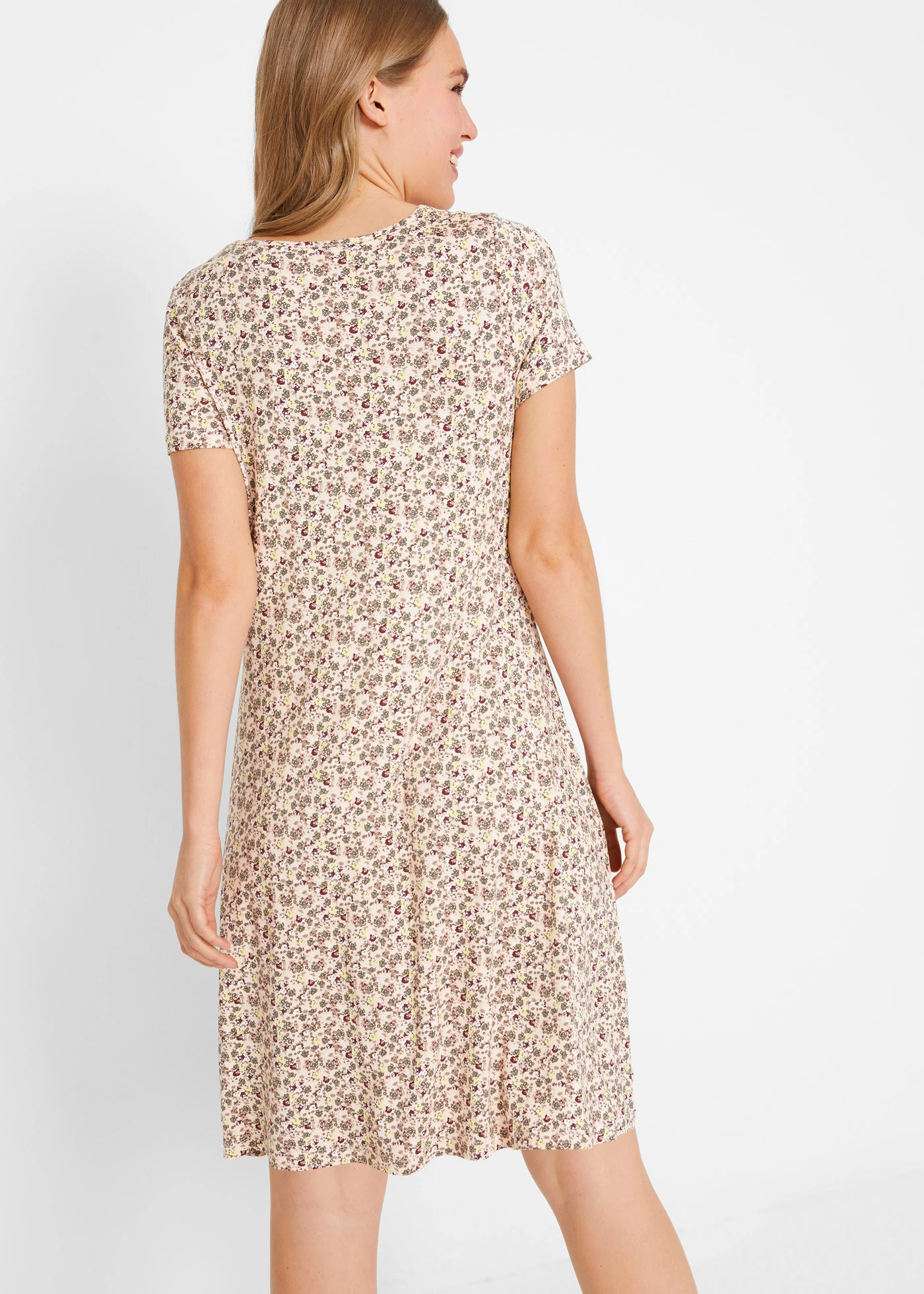 Rochie jerse până la genunchi din amestec de viscoză • roz piersică deschis cu floricele • magazin bonprix