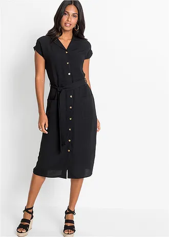 Blousejurk met strikceintuur, Kleur: zwart