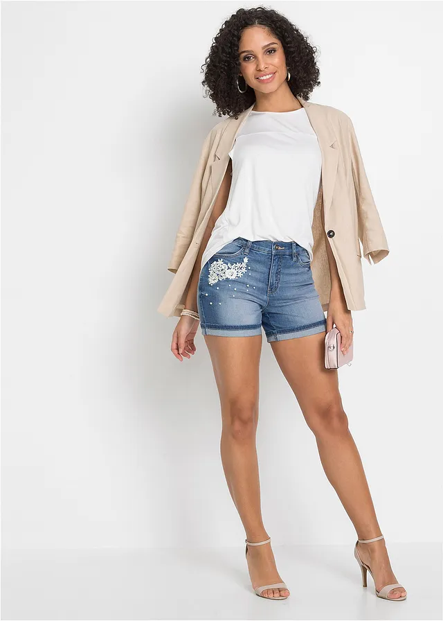 Jeans short met versiering, mid waist, Kleur: blauw denim
