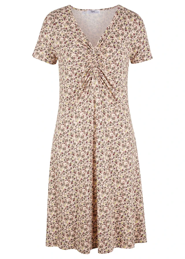Robe en jersey longueur genou en viscose mélangée, Couleur: pêche clair à fleurs