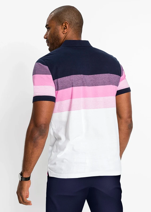 Jersey poloshirt van puur katoen, korte mouw, Kleur: donkerblauw/pink