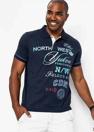 Jersey poloshirt, korte mouw, Kleur: donkerblauw met print