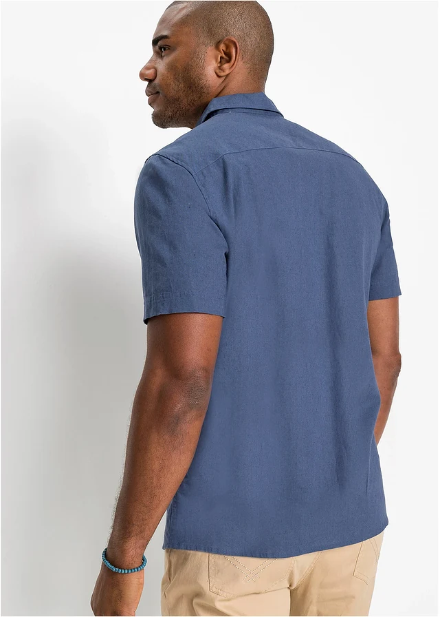 Overhemd met linnen, korte mouw, Kleur: indigo