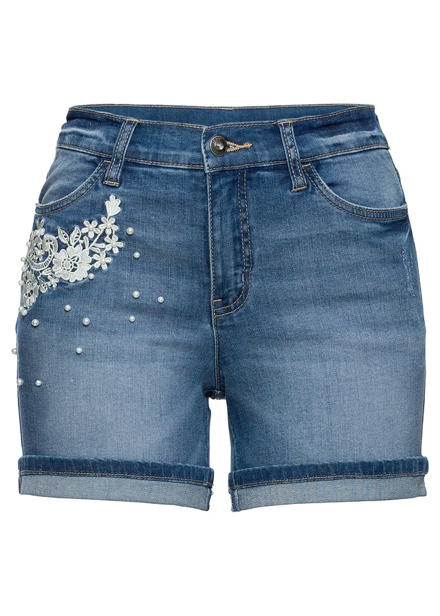 Pantaloni scurţi de blugi cu talie medie, cu ornament