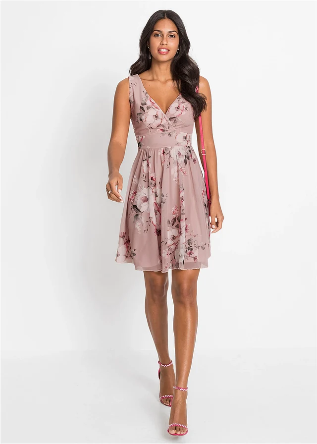 Rochie mini cu decolteu adânc • roz pal înflorat • magazin bonprix