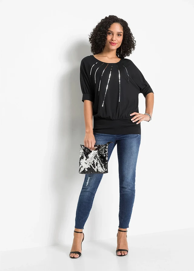 T-shirt fluide en viscose extensible, Couleur: noir métallisé