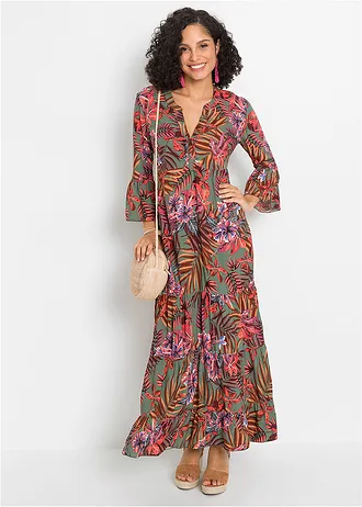 Robe longue en viscose fluide • olive/rouge floral • Boutique bonprix