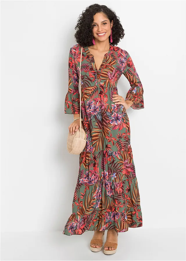 Maxi jurk van soepele viscose • olijfgroen-rood gebloemd • product-page.page-title-suffix
