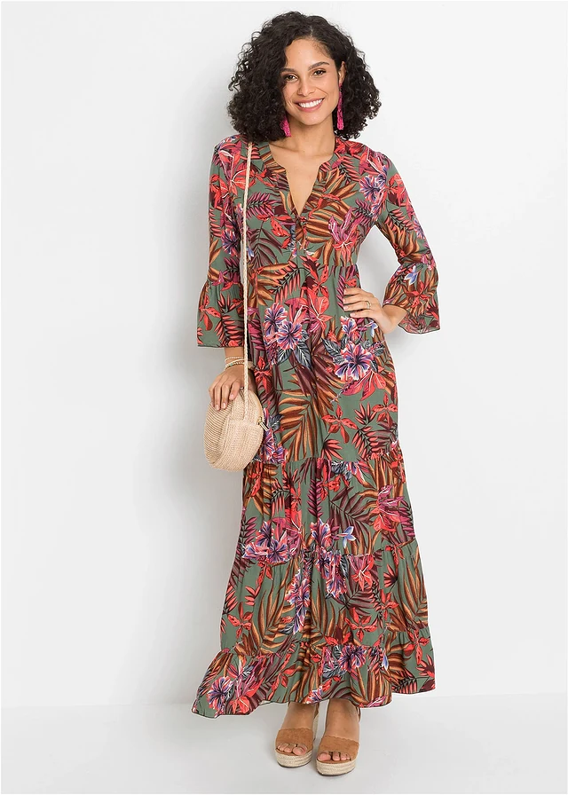 Robe longue en viscose fluide • olive-rouge floral • product-page.page-title-suffix