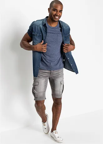 Chemise manches courtes slim en jean, 100% coton, Couleur: bleu clair used