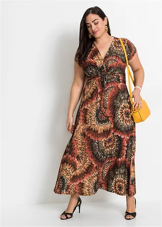 Gedessineerde maxi jurk van jersey, Kleur: bruin-olijfgroen gedessineerd