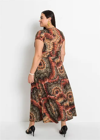 Gedessineerde maxi jurk van jersey, Kleur: bruin-olijfgroen gedessineerd