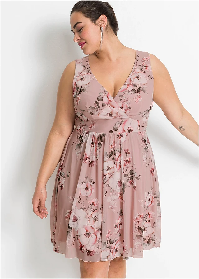 Mini jurk met printed mesh, Kleur: roze gebloemd