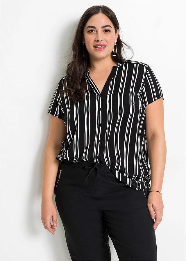 Blouse van viscose met korte mouwen, Kleur: zwart/wit gestreept