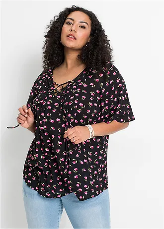 Tunique en viscose, Couleur: noir à fleurs