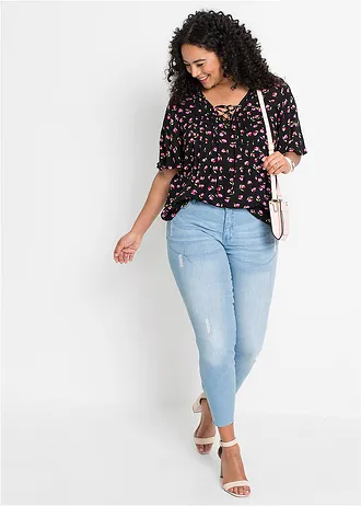 Tunique en viscose, Couleur: noir à fleurs