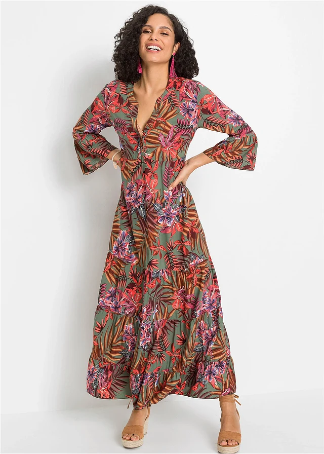 Maxi jurk van soepele viscose • olijfgroen-rood gebloemd • product-page.page-title-suffix