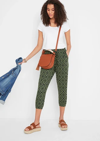 Pantalon 3/4 fluide en viscose extensible, Couleur: kaki foncé imprimé graphique