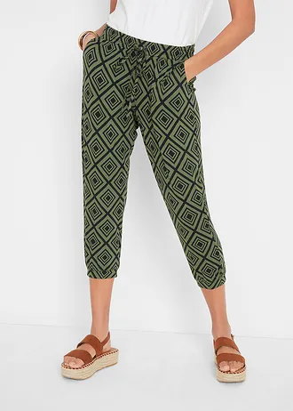 Pantalon 3/4 fluide en viscose extensible, Couleur: kaki foncé imprimé graphique