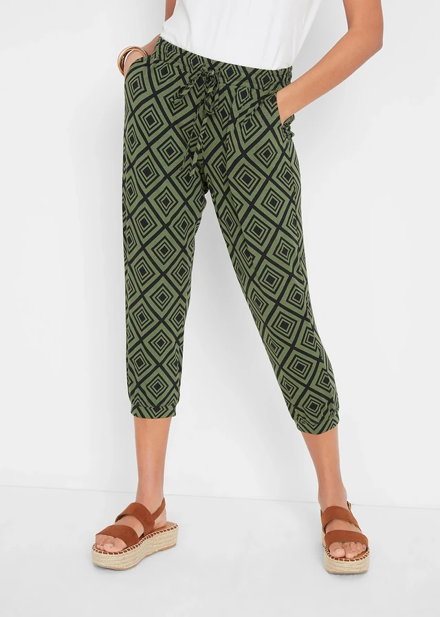 Pantalon 3/4 fluide en viscose extensible, Couleur: kaki foncé imprimé graphique